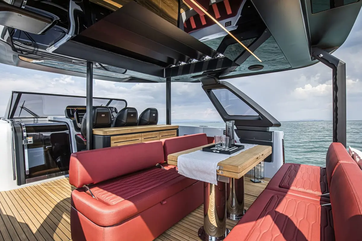 Cranchi A46, main deck — Yacht Hire Saint-Tropez, Saint-Tropez. An open-deck sunset run along the Saint-Tropez coast