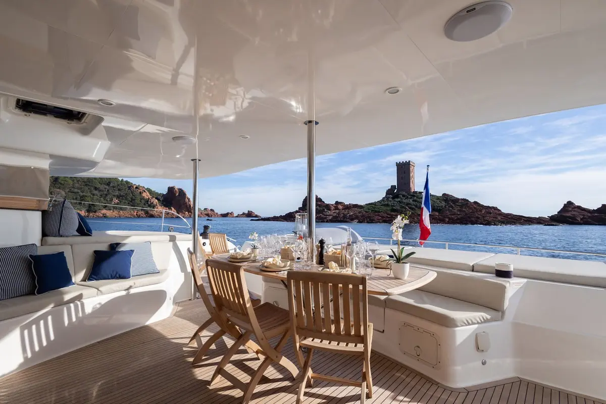 Moby-Dick, aft deck — Yacht Hire Saint-Tropez, Saint-Tropez. Wide decks by day, ten cabins by night