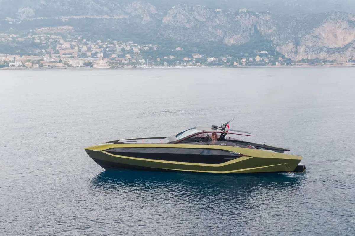 Lamborghini 63, aft deck — Yacht Hire Saint-Tropez, Saint-Tropez. Fast carbon hull built for a short sunset run